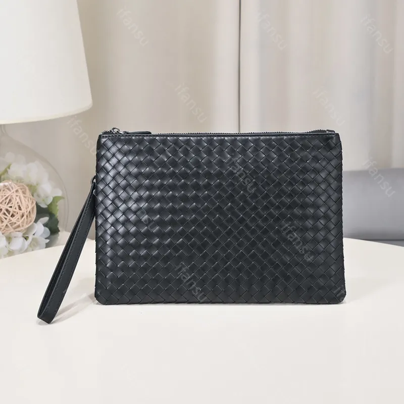 Fashion Luxury Brand Bag Genuine Leather Clutch Bag High-End Designer Business Bag Hand Woven File Bag Large Capacity Minimalist Style Black 25cm 29cm