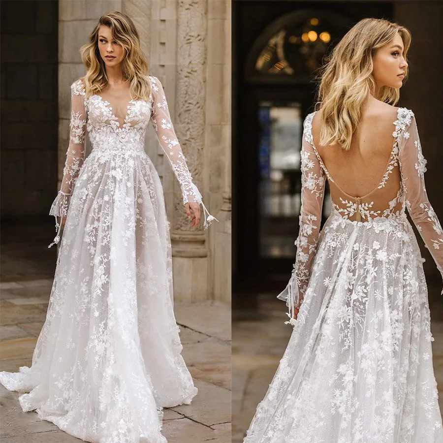 Dentelle de luxe une ligne robes de mariée 2024 fleurs manches longues paillettes appliques perlées volants scintillants robes de mariée formelles manches longues grande taille robe de novia