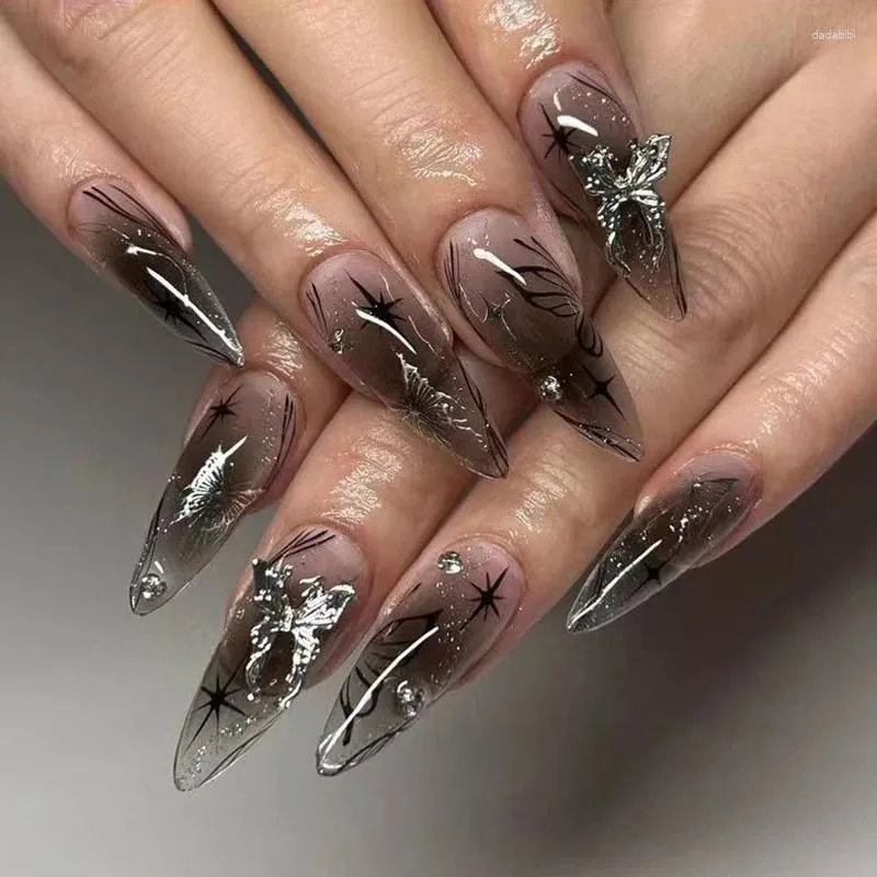 False Nails 24PCS Long Almond Y2k Ice Silver Bow Nail Art Stars Black Cool Fake Charms Designs Finished Press On Tips