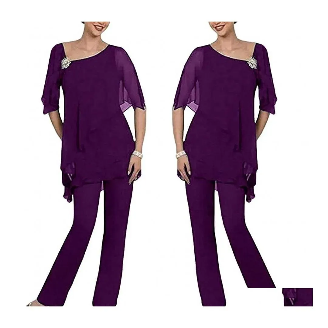 Suits Mother of the Bride Suits Purple Two Pieces Pant Layered Irregal 1/2 långa ärmar Chiffon Plus Size Wedding Gästklänning Drop Deli