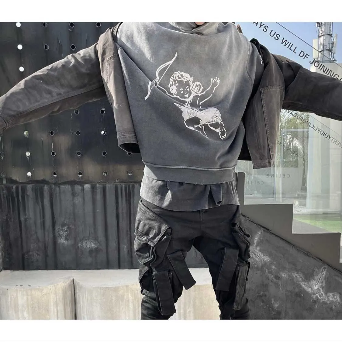 ASKYURSELF Mens Vintage Washed Hoodie Cashew Flower Angel