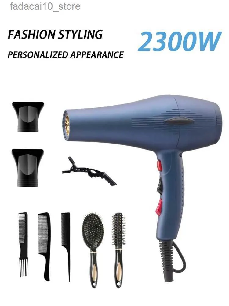 Haardrogers 220V Blauwe Föhn En Mondstuk Eu Föhn Haarkam Borstel 2300W Vermogen Professionele Kappersapparatuur Styling Tools Q240109