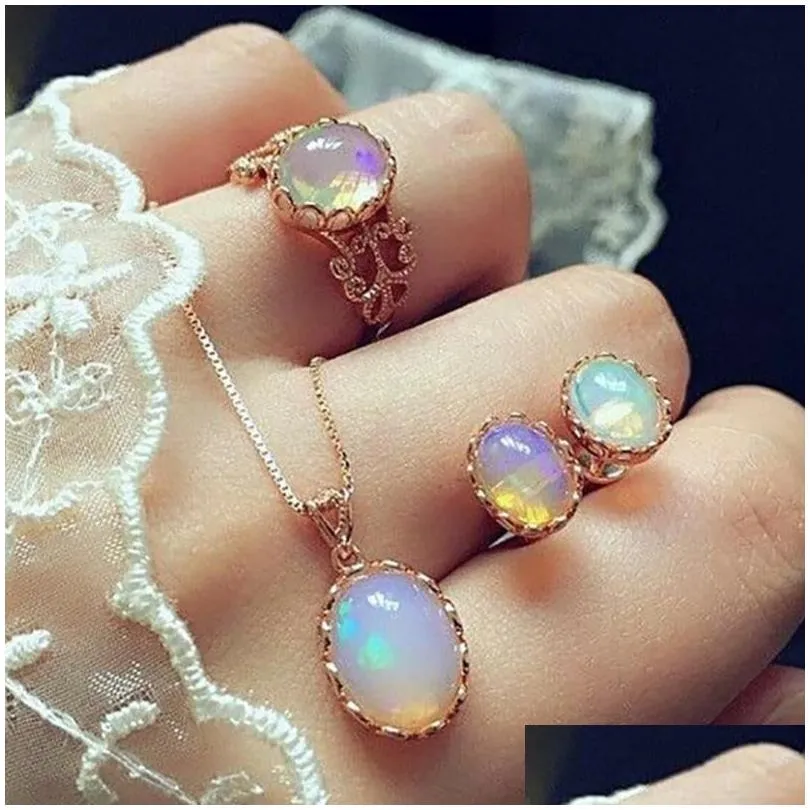 Örhängen halsband örhängen halsband transparent ädelsten smycken oval kristall kvarts opal och ring set för söta ol kvinnor flickor gm dh2lw