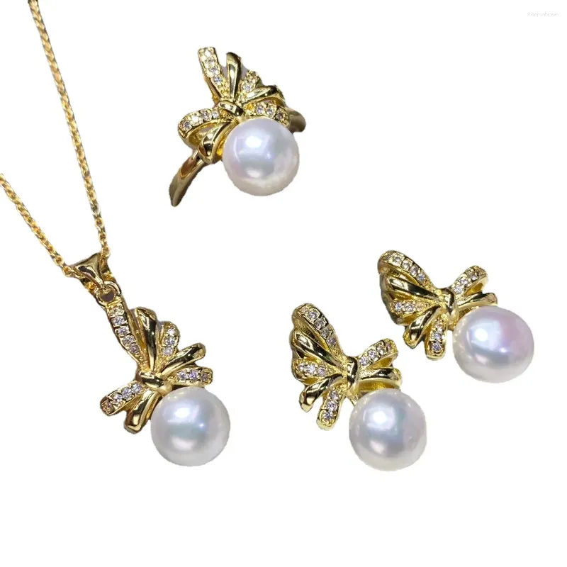 Necklace Earrings Set Wholesale 8.5mm Natural Pearl Jewelry Fashion Elegant Pendant Rings