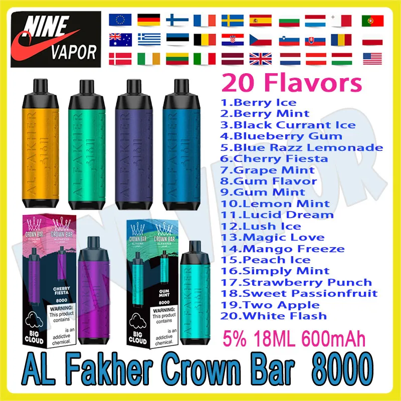Original AL Fakher Crown Bar 8000 Puff Jetable Vape Stylo Cigarette Électronique 18 Ml 20