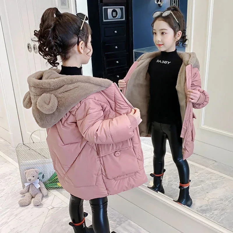 Winter Shiny Jackets Girls Fur Collar Hooded Warm Parka Big Children 4-12 Years Kids Teenage Long Cotton Outerwear Snowsuit 240108