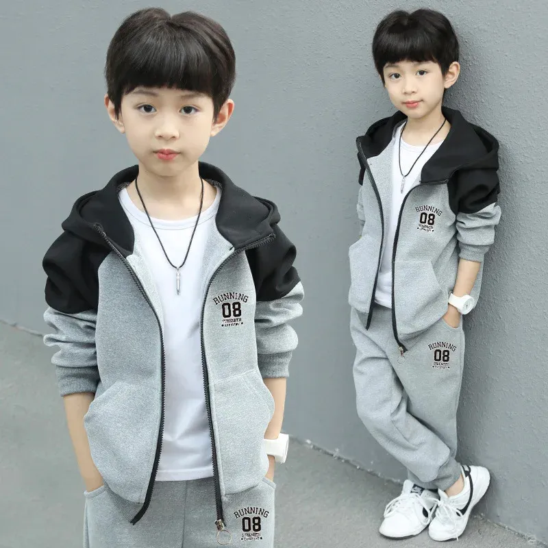 Contrast Kids Jogger Set Baby Boys Workout Fleece HoodieElastic Sweatpant Sets Full Zip Hooded Child Tracksuit 4-14 Years 240108