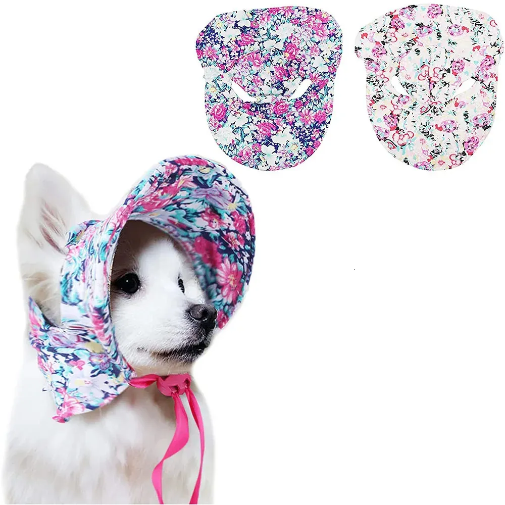 Chapeau de chien avec trous d'oreille pour la protection solaire extérieure Casquette de chien florale Femelle Été Visière pour animaux de compagnie Bonnet de soleil réglable pour chiots filles 240108
