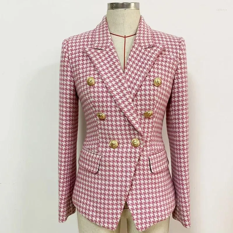 Women's Jackets Thousand Bird Plaid Tweed Coat Double Breasted Suit Collar Medium Length