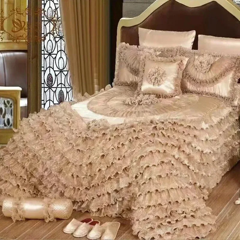 Luxo champanhe estilo casamento jacquard estereoscópico renda colcha cama saia shett coverlet conjunto fronhas 240109