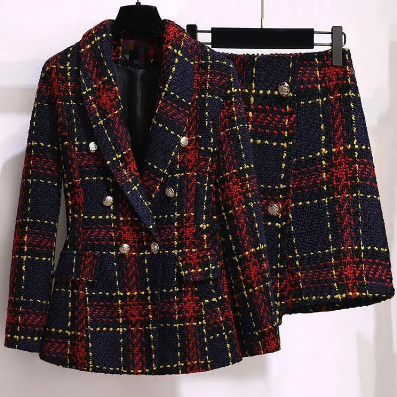 Herfst Dames Pak 2 Stuks Tweed Blazer Jasje en Rok Set Plaid Tweedelige Mini 240109