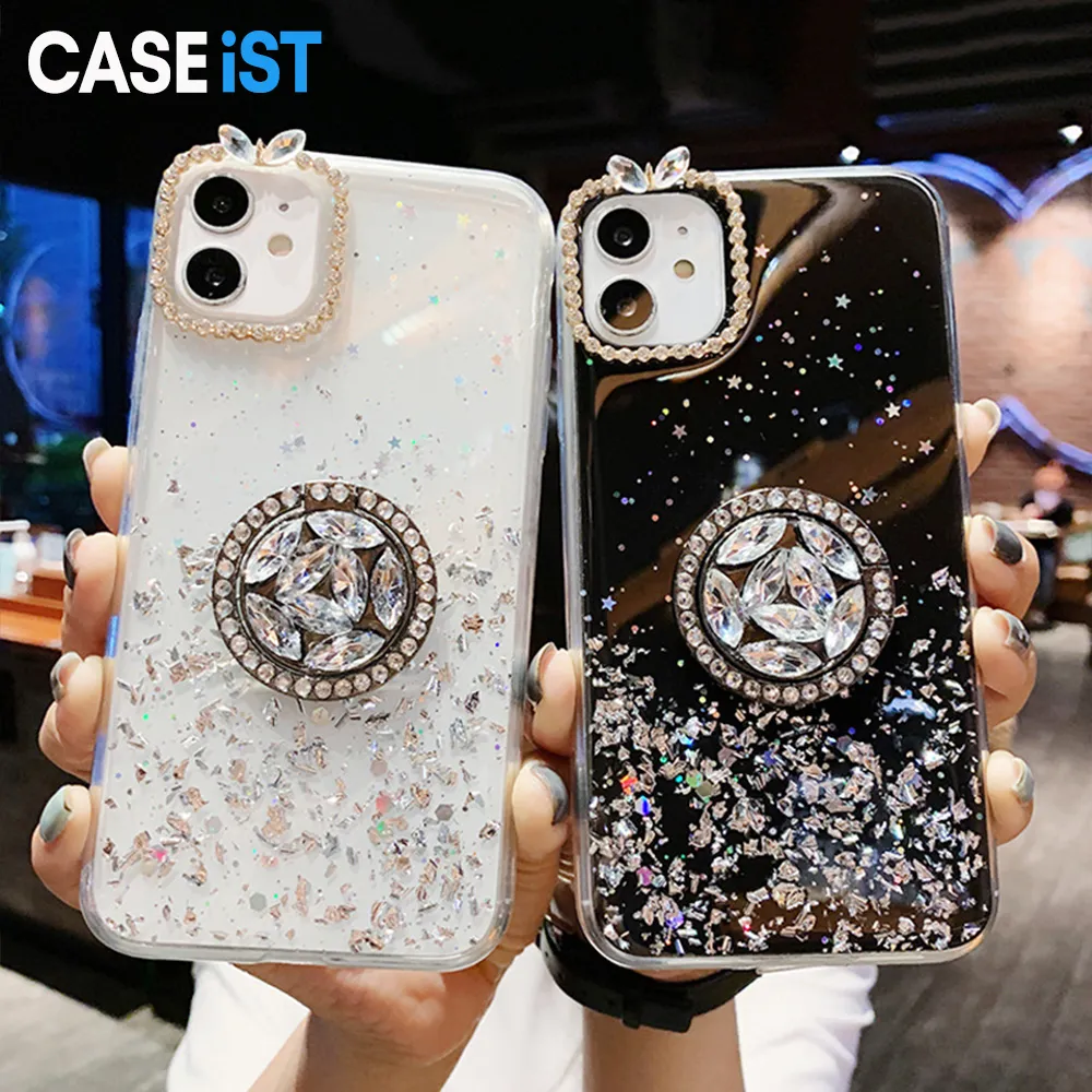 CASEiST Luxury Glitter Diamond Phone Case With Ring Kickstand 3D Rhinestone Holder Women Gift Sparkly Foil TPU Cover For iPhone 15 14 13 12 11 Pro Max XS 8 7 Plus Samsung X