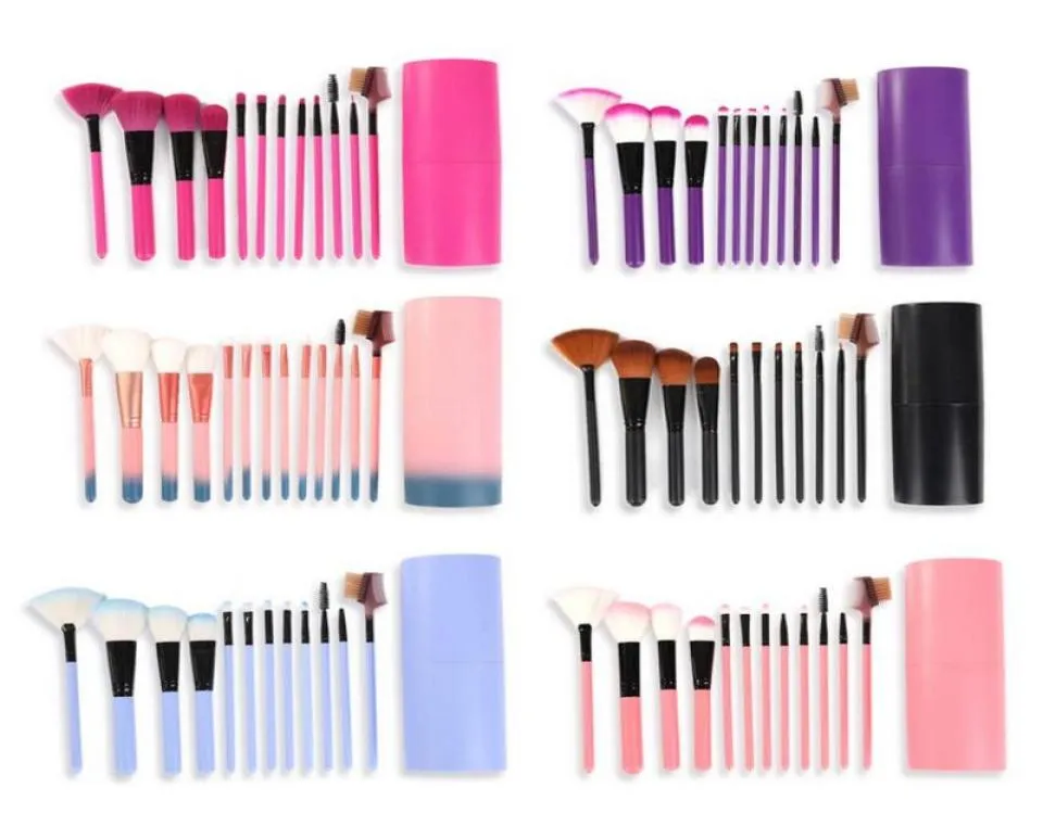 12PcsSets Pincéis de Maquiagem Ferramenta Sombra de Olho Fundação Sobrancelha Lip Brush cosméticos Suporte de Copo de Couro Caso Kit 50 setslot DHL2368711