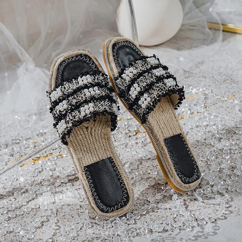 Slippers Brand Cross String Bead Women's 2024 Summer Weave Open Toe Flat Flip Flops Simple Casual Beach Slides Sandals