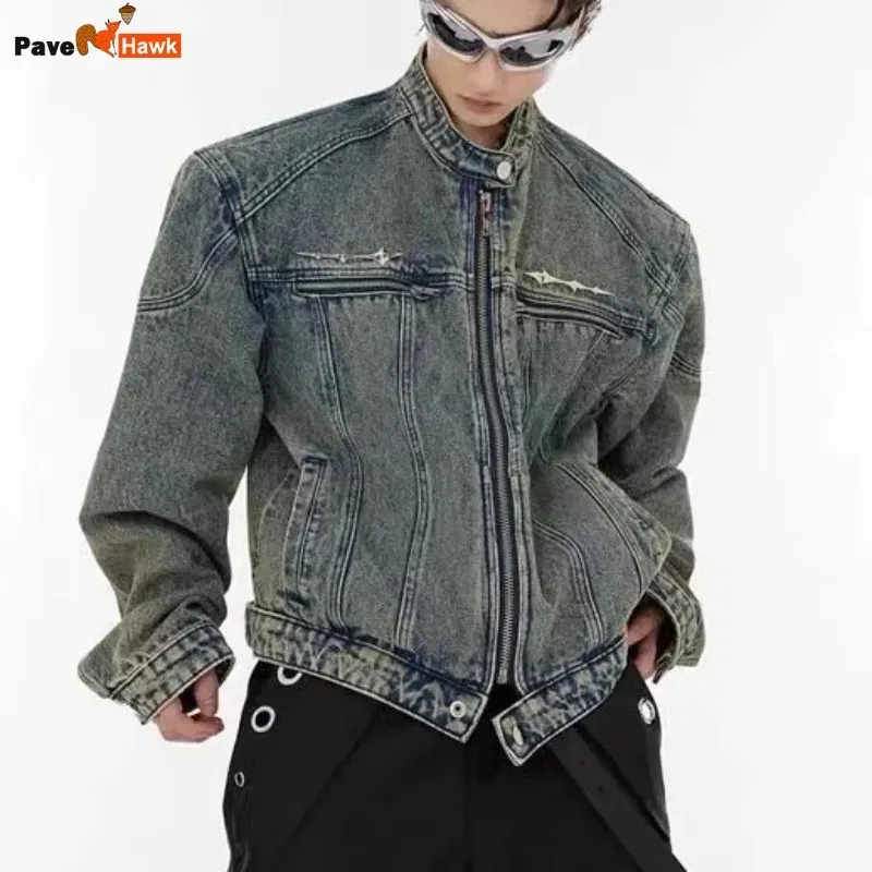 Herren-Jeansjacke, Metall-Design, Distressed-Waschung, verkürzte Jeansjacken, Hip-Hop-Streetwear, Reißverschluss, lässige Oberbekleidung, amerikanischer Stil, 240108