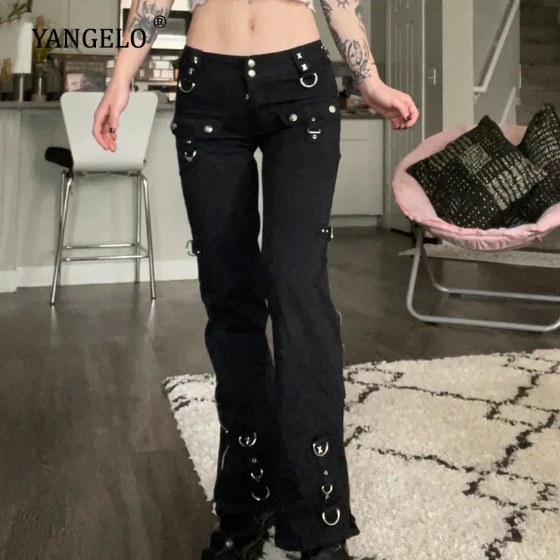 Yangelo Dark Punk Y2K Grunge Düşük Bel Emo Jeans Mall Gothic Women Siyah Patchwork Elektro Pantolon Moda Sokak Giyim Alt Kıyafetleri 240108