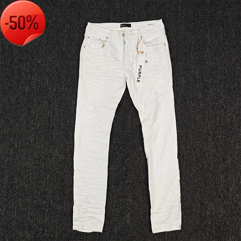 Jeans firmati Viola Marchio da uomo a vita bassa Slim Fit Elastico Classico vecchio stile Traforato Jeans in cotone bianco Jeans da uomo marchio di moda jeans viola