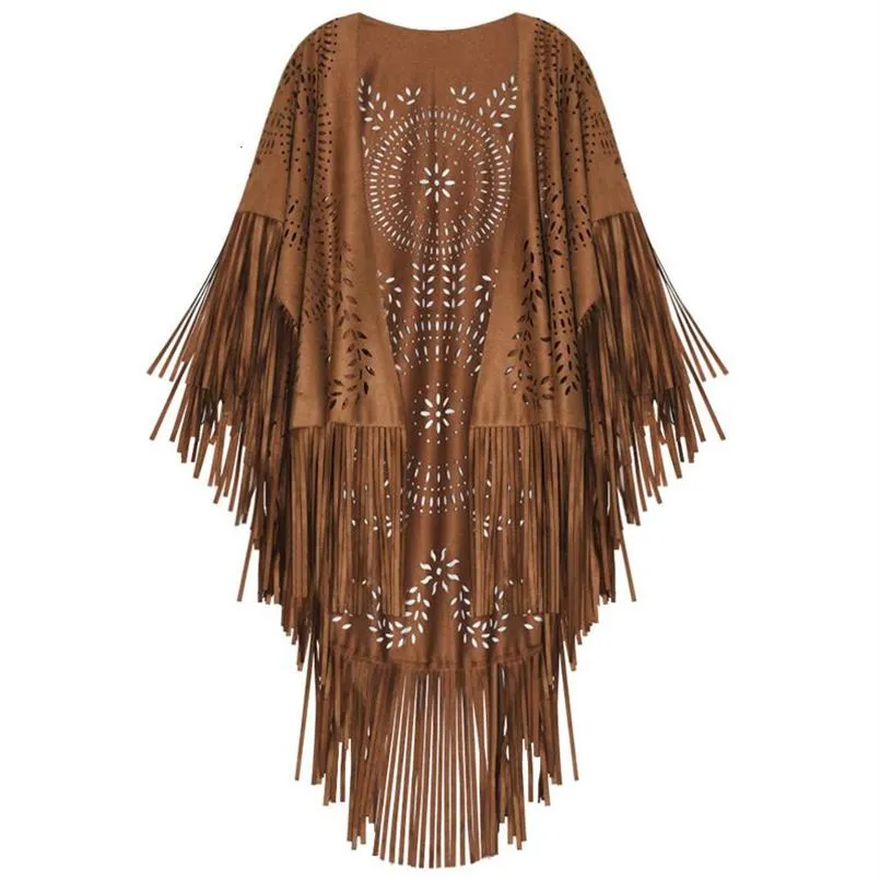 Sjaals Camel Suede Floral Hollow Out Fringe Kwastje Sjaal Vrouwen Vintage Capes Poncho's Herfst Boheemse Vest Mantel Boho 2302011733