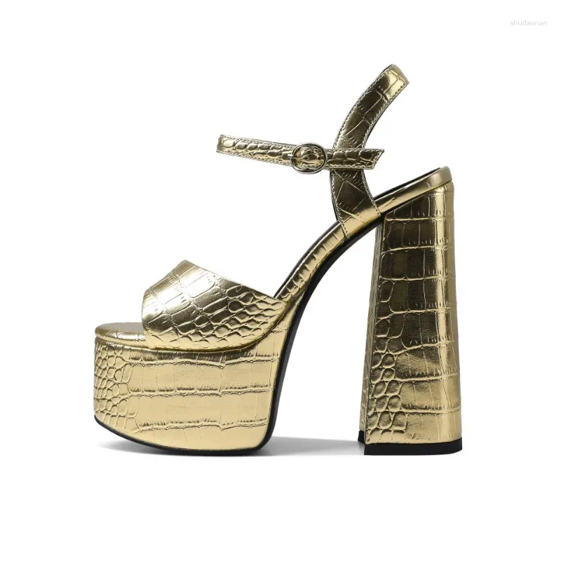 Sandaler Stone Mönster Koncise High Heel Waterproof Platform Summer Black Gold Buckle Party Fashion Women's Shoes Storlek 34-43