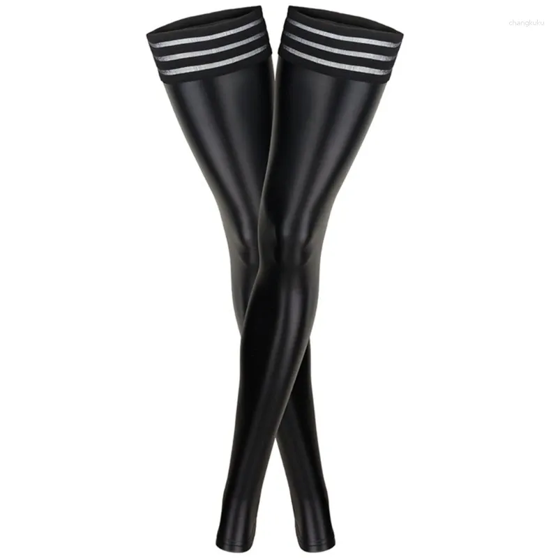 Women Socks Pole Dance Sexy Faux-Leather Stockings Night Club randig elastik över knäets fotlösa länge