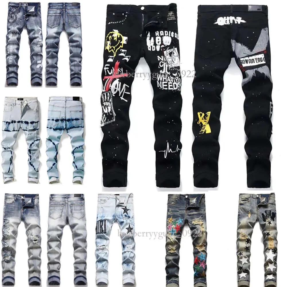 Designer Men's Purple High Street Jeans broderade byxor Kvinnor överdimensionerade Ripped Patch Hole denim Fashion Slim