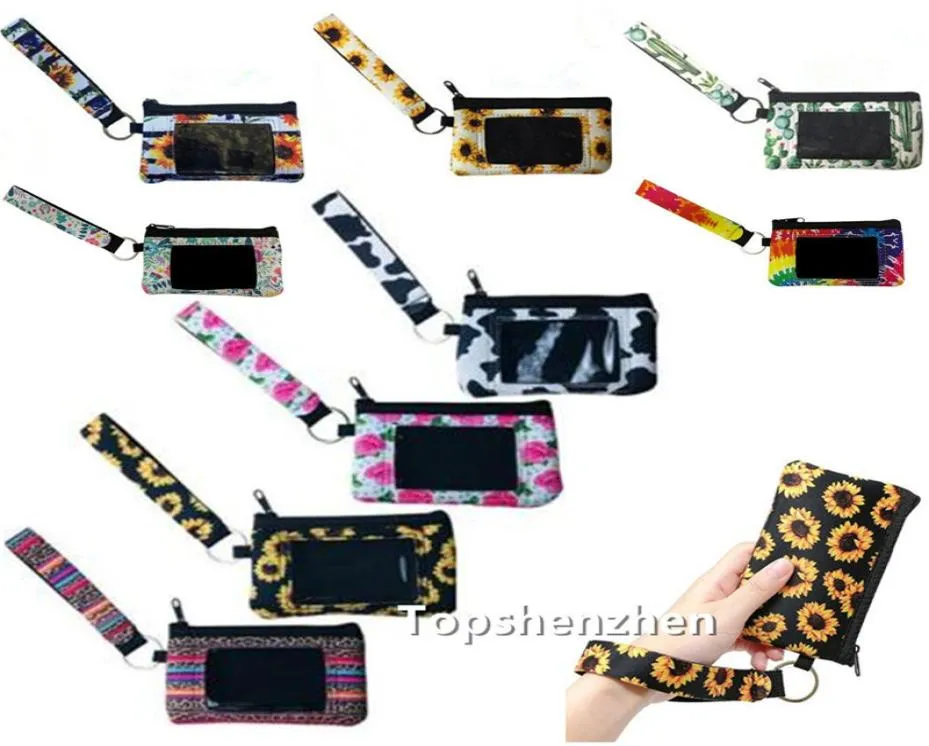 10 Design Print Leopard Néoprène Titulaire de la carte de crédit Lanyard Bracelets Pochette Multifonction Zipper Portefeuille avec porte-clés pour les femmes Girls1822894