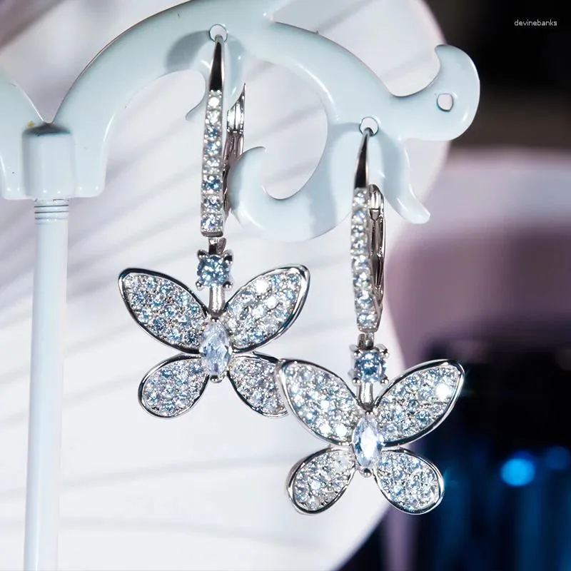 Kolczyki Dangle Butterfly upuszcza wysokie węglowe diament s925 srebro z pt950 plated nigdy nie zanika dla kobiet drobna biżuteria