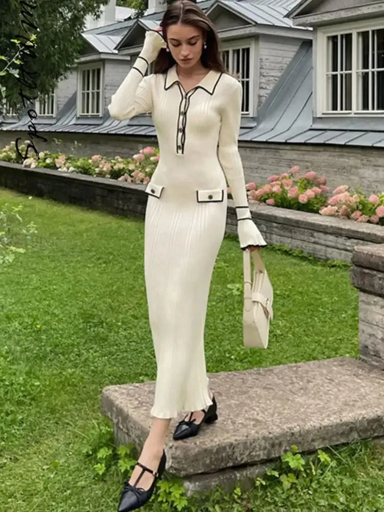 Elegancka patchworka Zakresy z dzianiny midi lapel single Breaster długoterminowe sukienki jesień eleganckie szaty uliczne 240109