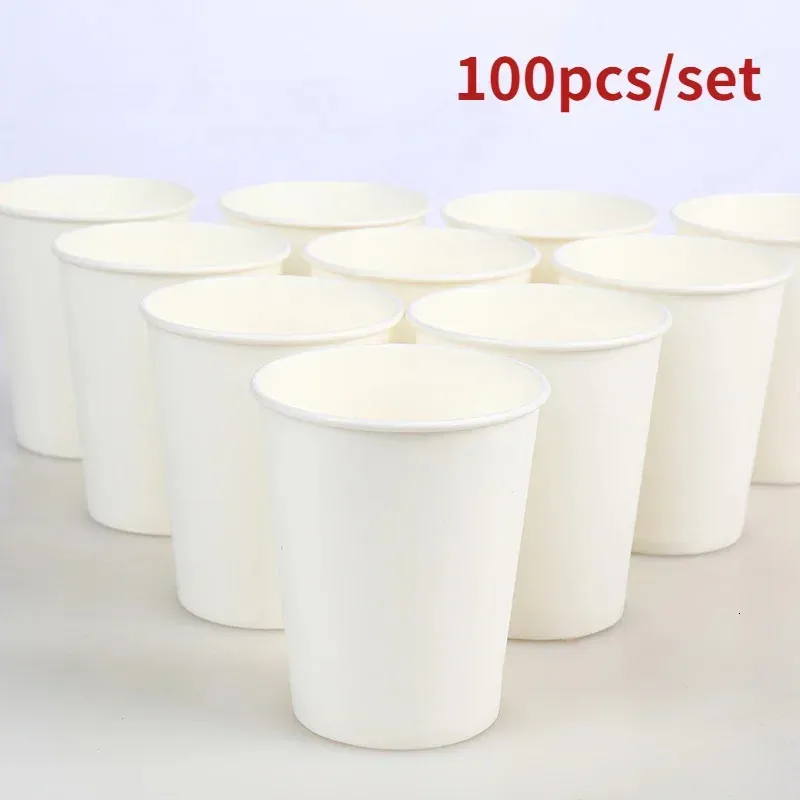 Gobelets en papier blanc pur jetables, 100 pièces, 250ml, pour café, thé, lait, fournitures de fête, accessoires pour boissons, 240108