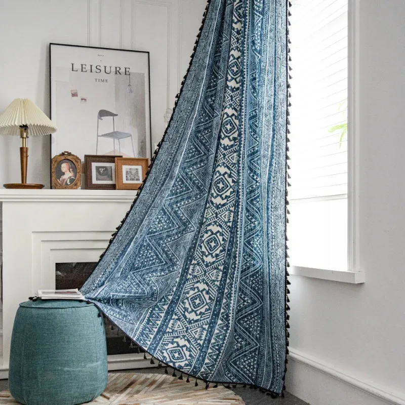 Geometriskt tryck Semiblackout gardin Tasselsbohemian Cotton Linen Blue Window Drapes For Bedroom Living Room Decoration 240109