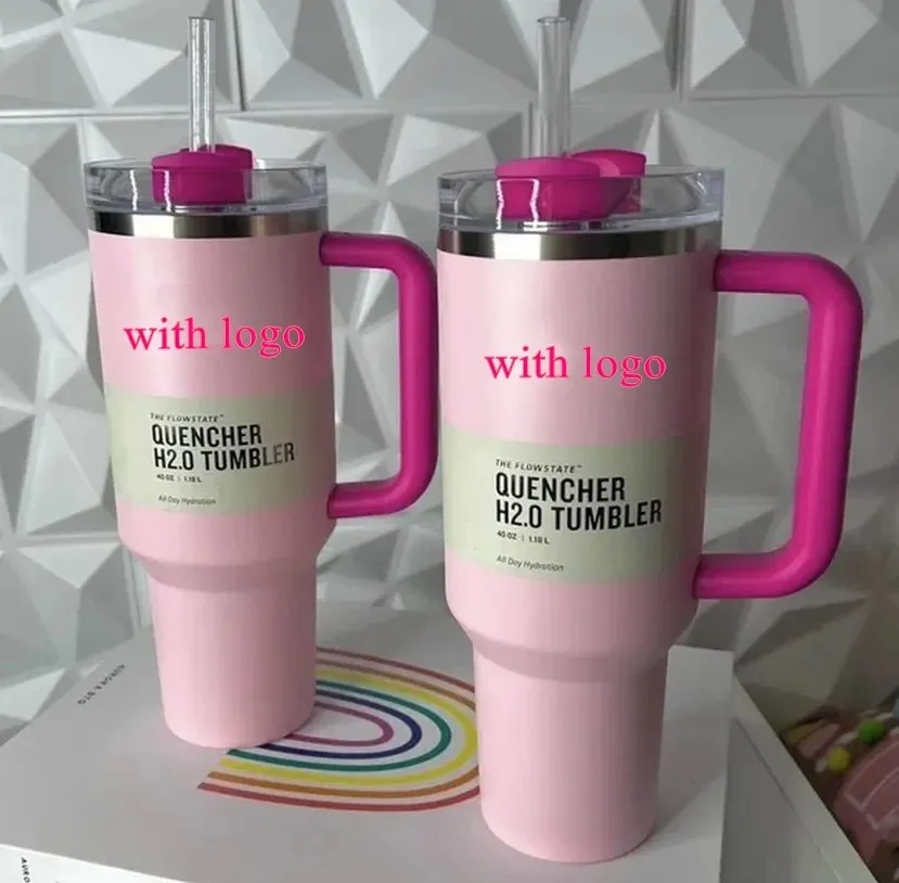 Rosa flamingo muggar nya 40oz muggar tumlare med handtag isolerade tumlar lockar halm rostfritt stål kaffermins cup h2.0 valentin dag gåva kosmo parad