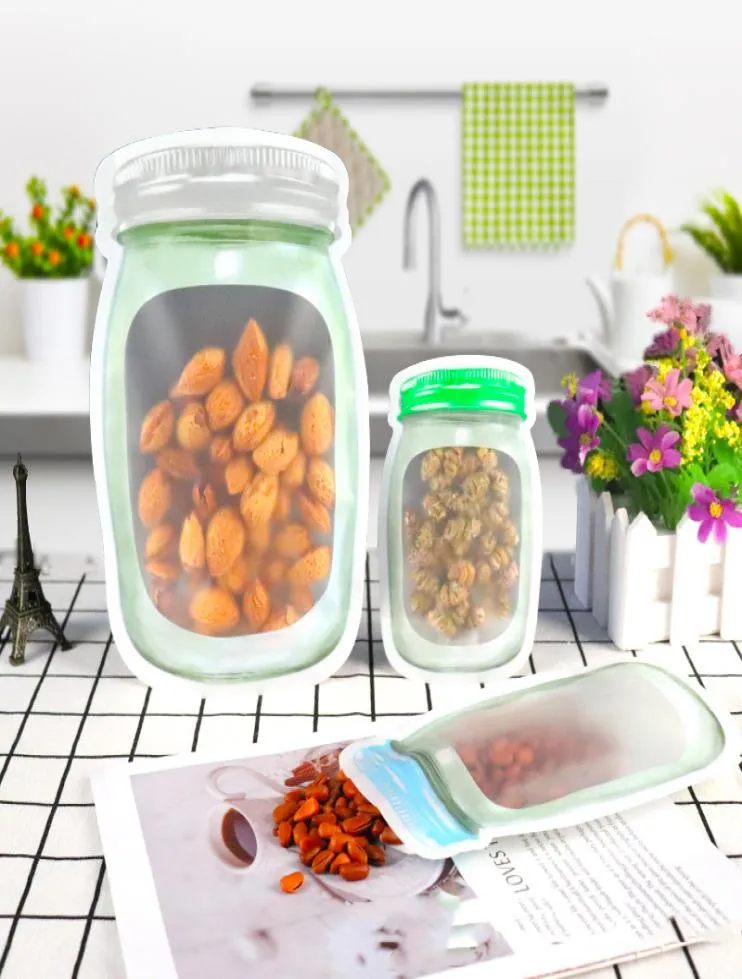 500 st återanvändbar matlagringspåse Mason Jar Shape Snacks Airtight Seal Food Saver Leakproof Väskor Köksarrangör Väskor 3 storlekar DB2000265