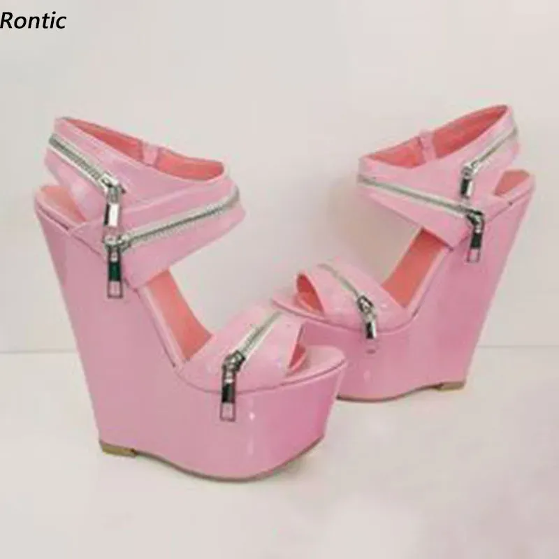 Rontic Handmade Women Gladiator Slingback Sandaler kilar klackar runt tå underbara rosa festskor damer oss plus storlek 4-20