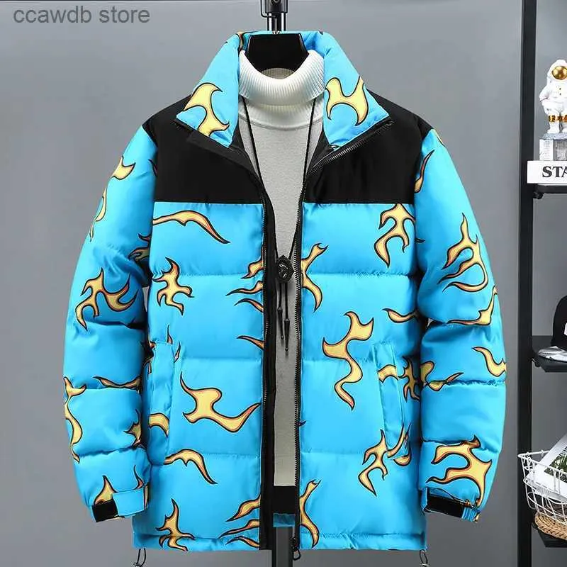 Jaquetas masculinas Novo inverno jaquetas grossas quentes casuais acolchoadas de algodão outwear preto azul chama impressão manga longa parka casal casaco ao ar livre T240109