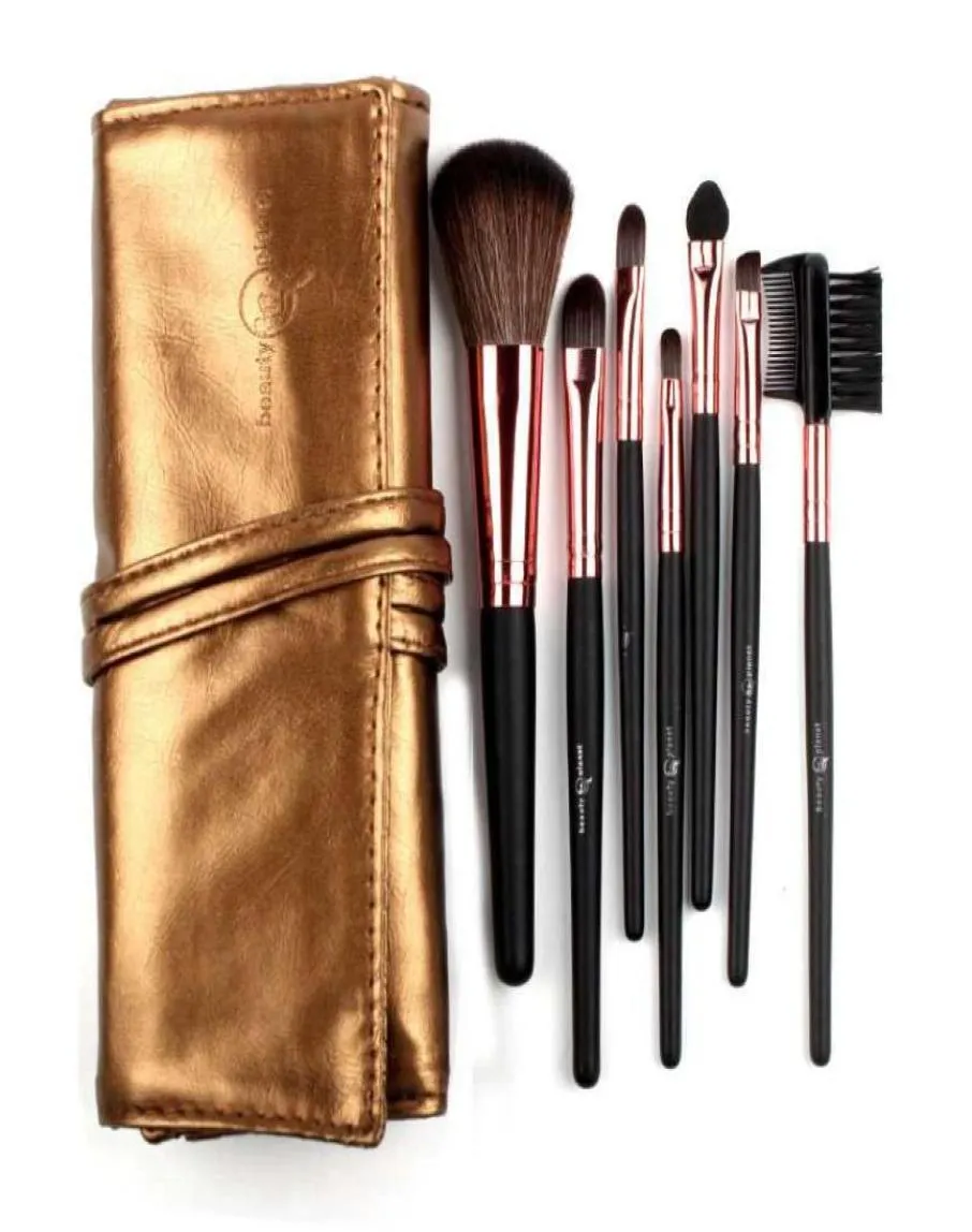 Högkvalitativ 7 Makeup Brush Set -kit i elegant Pinkbrownrose RedblackGolden läderväska Portable Make Up Borstes9544415