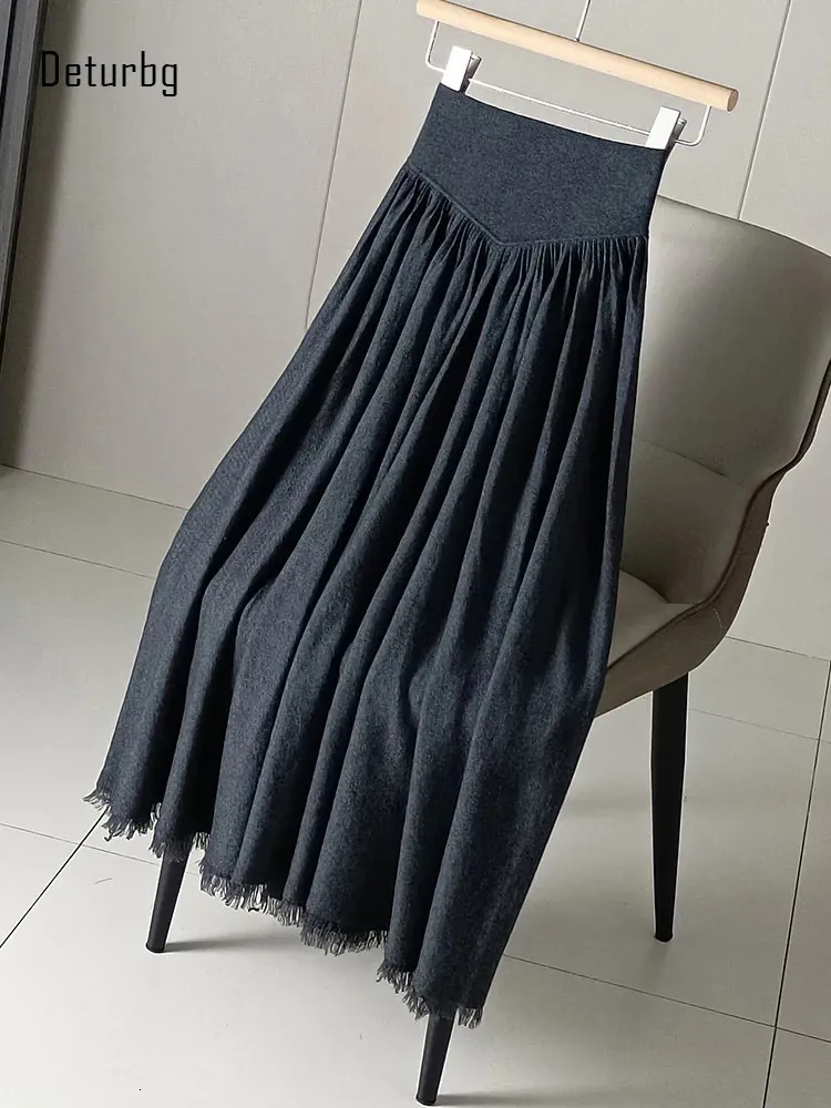 Langer Rock aus gestrickter Wollmischung für Damen mit Quaste, breiter, hoher Taille, Anti-Pilling-Plissee, warme A-Linien-Röcke für den Winter K387 240109