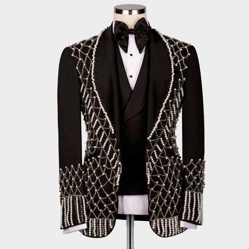 Costumes pour hommes Mariage exquis pour hommes Cristaux Perles Blazer Ensemble Formel Groom Custom Tuxedos Noir Banquet Party 3 pièces Robe masculine