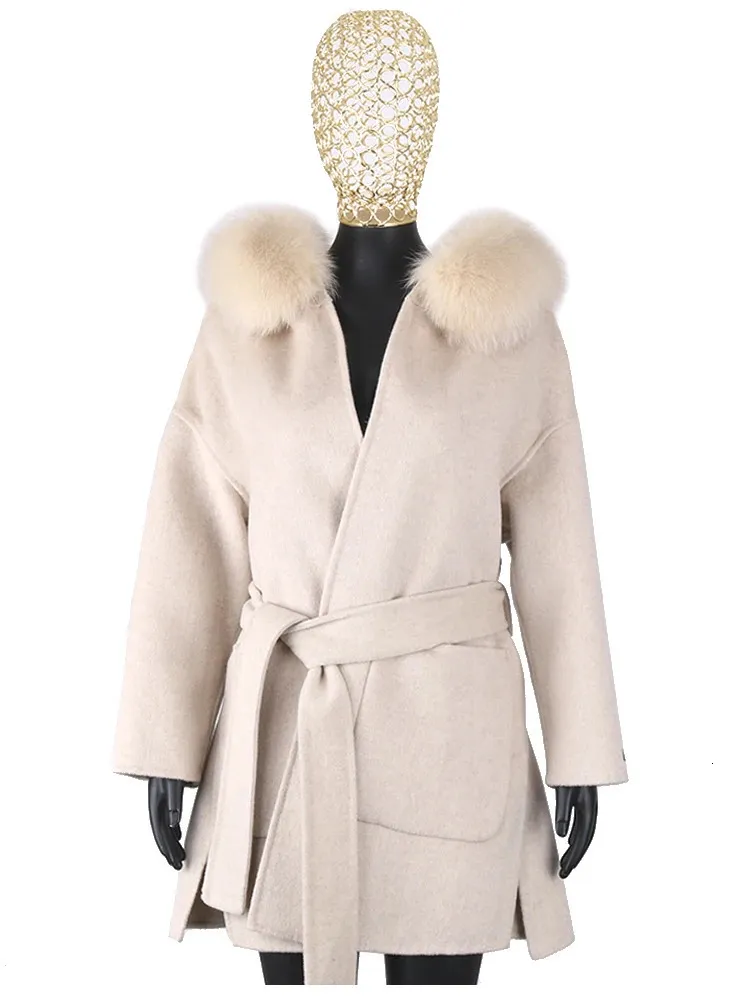 Furyoume Cashmere Wool Coat Real Fox Fur Collar Jacket Winter Long Fashion Loose Outerwear Casaco för kvinnor med bälte 240108