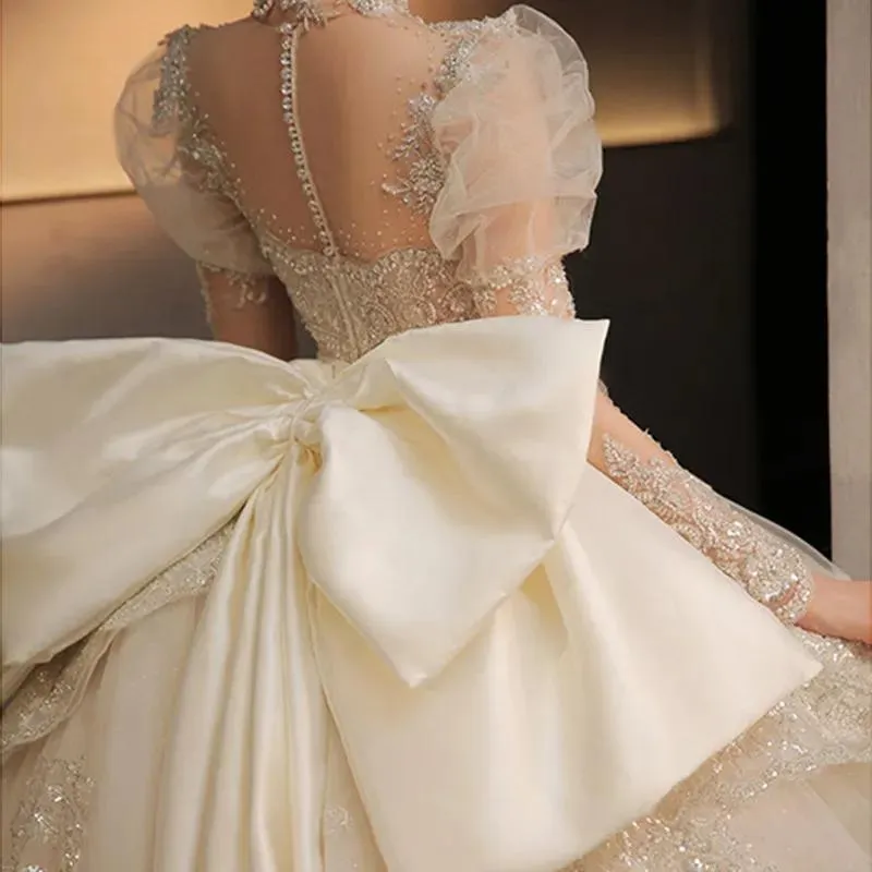Robes Robe de bal de luxe robes de mariée 2023 manches longues cristal princesse robes chérie corset organza cathédrale église grande taille mariée