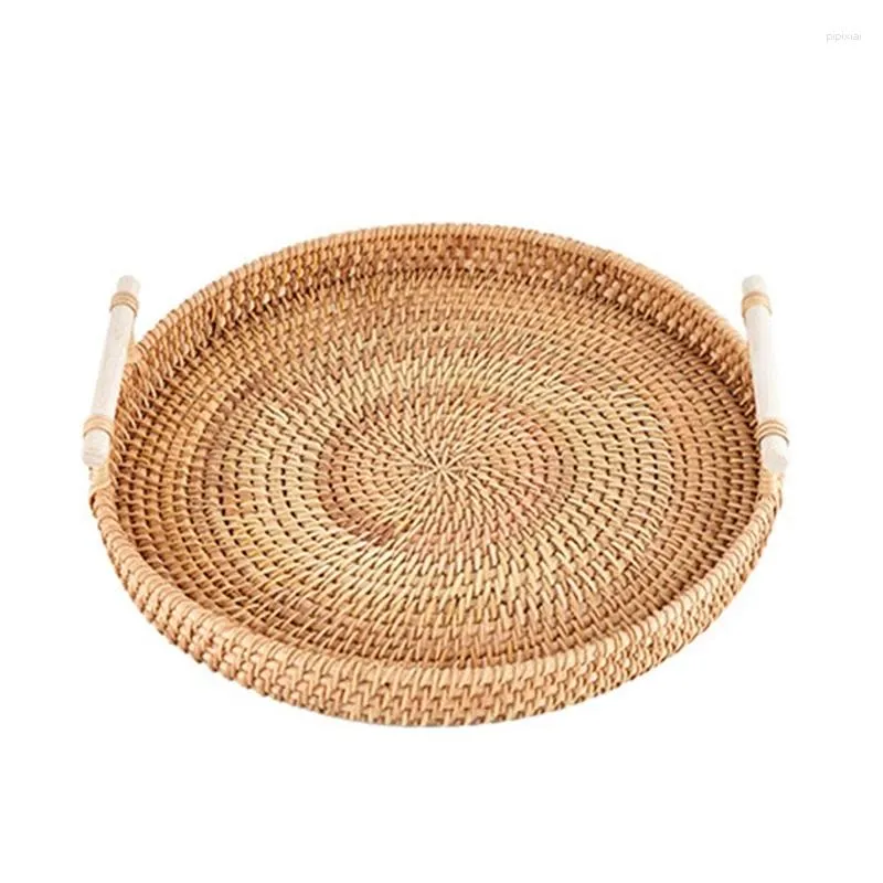 Plateau de rangement en rotin tissé à la main, assiettes avec manche en bois, panier rond, assiette à pain, plateau à gâteaux aux fruits, service de dîner