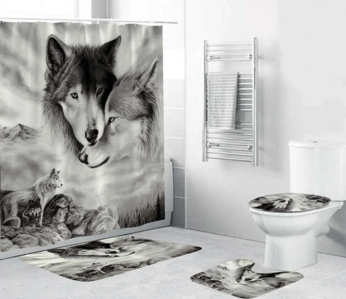 180x180cm 1pc3pcs4pcs White Wolf Dream Catcher Wolf Eye with 12 Hooks Łazienka Prysznicowa kurtyna toaletowa Mata Lid Dywan Sets T4552554