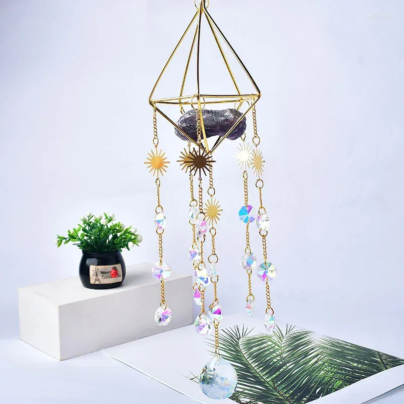 Decorative Figurines 1PC Natural Crystal Amethyst Sunstones Wind Chime Made Coloured Glaze Catchers Pendant Window Hanging Ornament Home