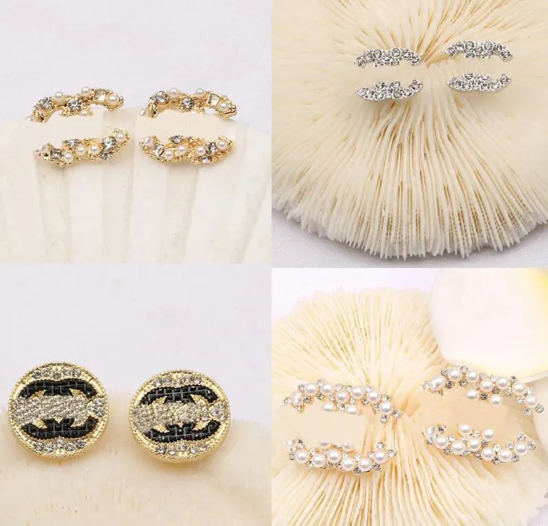 18 carati placcato oro argento 925 designer lettere stud geometriche donne famose rotondo cristallo strass perla orecchino festa di nozze gioielli di lusso