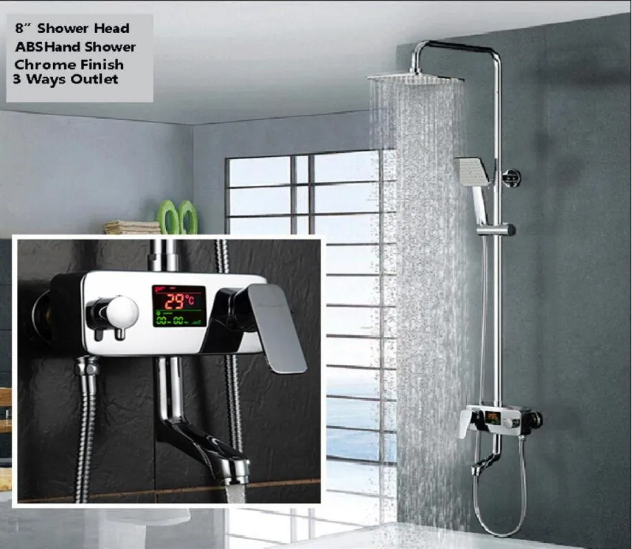 デジタルディスプレイシャワー蛇口水駆動デジタルディスプレイシャワーセット壁マウント8インチレインシャワーヘッド浴槽ミキサーFaucet7078820