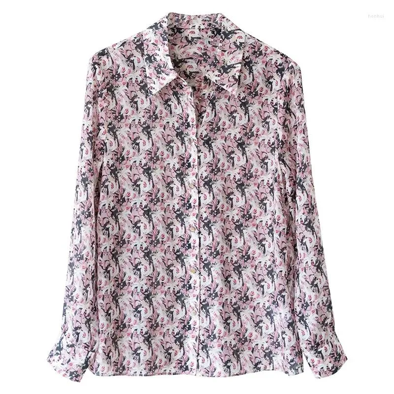 Женские блузки, винтажная рубашка с тонким принтом и топом с длинными рукавами с лацканами, женские рубашки Camisas