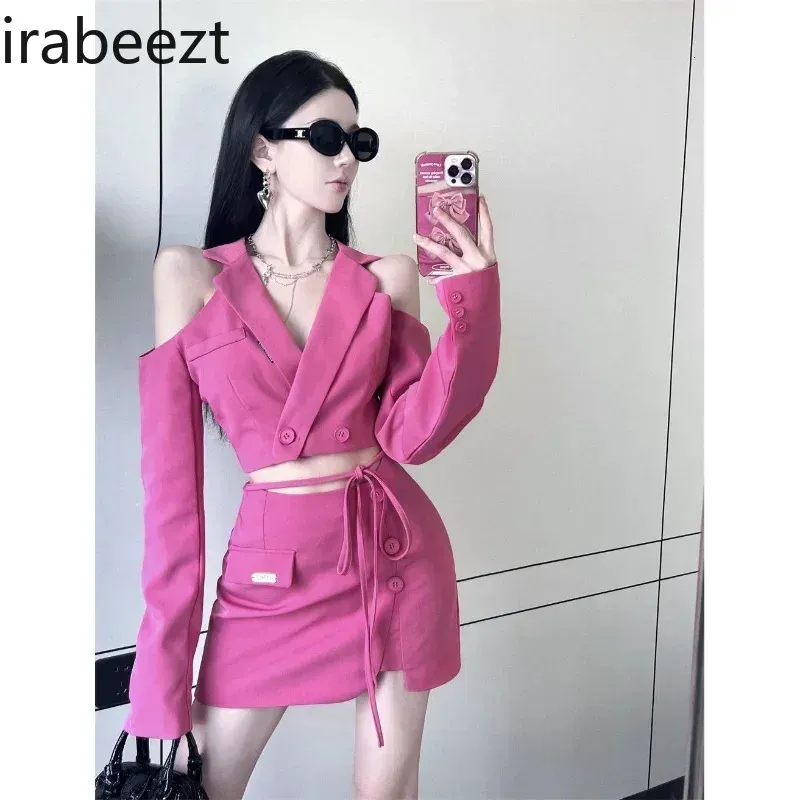 Irabeezt Pink Skirt Set Lapel Solid Off Shoulder Blazers Tops Split Mini Skirts Sexy Korean Style Two Piece Sets Female Outfits 240109