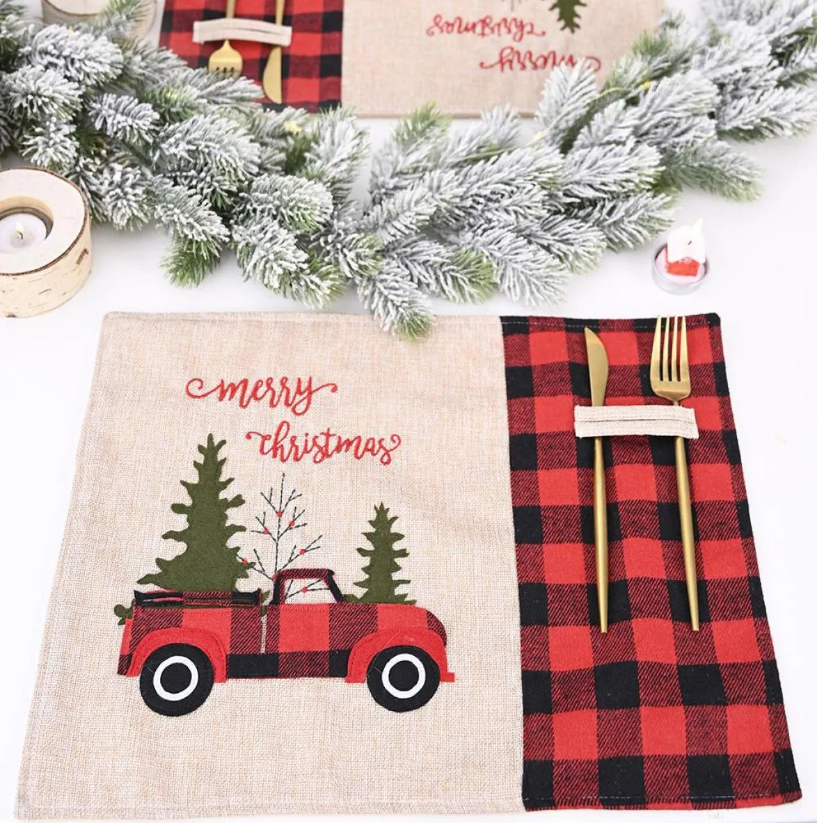 Decorações de Natal Árvore de Natal Caminhão Vermelho Placemats Tapete de Mesa Inverno Buffalo Xadrez Placemat Jantar Casa Decoração de Mesa de Natal 3641693