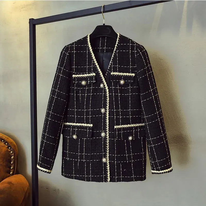 ZAWFL luxe marque de créateur laine mélanges manteau pour femmes mode noir Vintage col en v Plaid taille large Tweed manteau S-XXL 240109