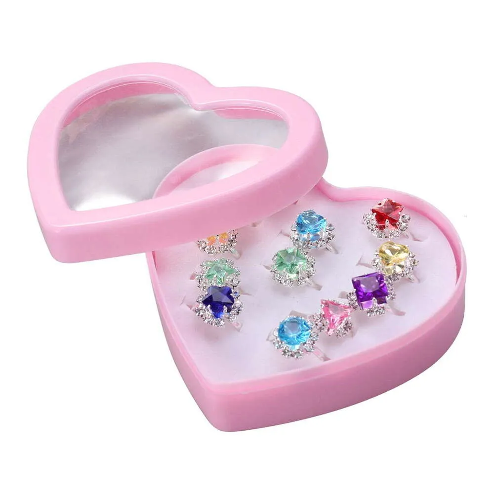 Vacker färgglad diamantring set gåva med hjärtformad låda för tjejbarn barn