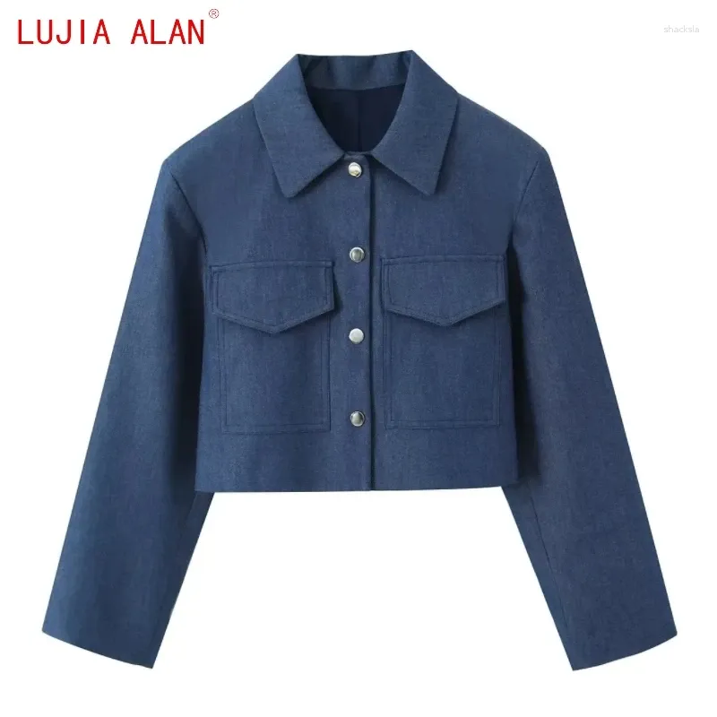 Women's Jackets Autumn Women Flap Pockets Denim Short Coat Female Casual Long Sleeve Loose Tops LUJIA ALAN C2031